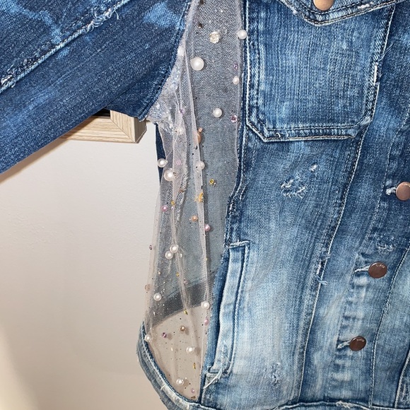 Custom Bleached & Distressed Denim Jacket w/ Sheer Embellished Back & Sides - Picture 4 of 9